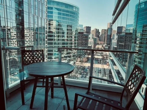 a city view with tall buildings