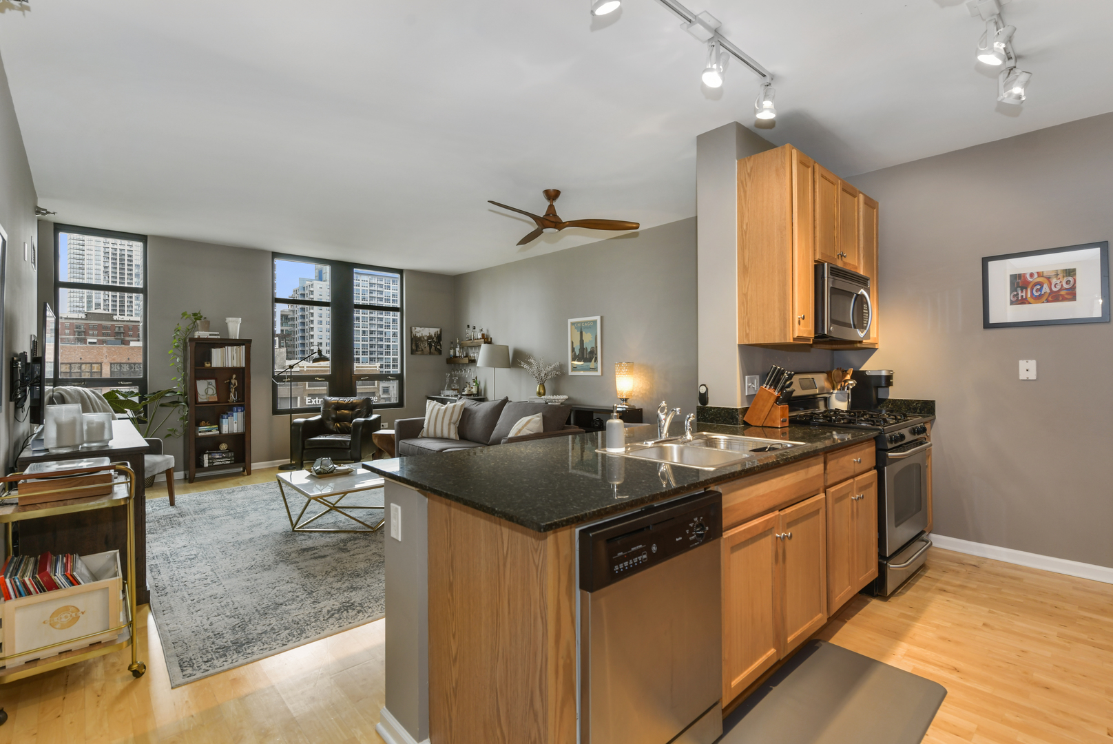 1255 South State Street, Unit 807 Chicago, IL 60605 - Photo 5 of 13 a kitchen with stainless steel appliances granite countertop a sink stove and cabinets