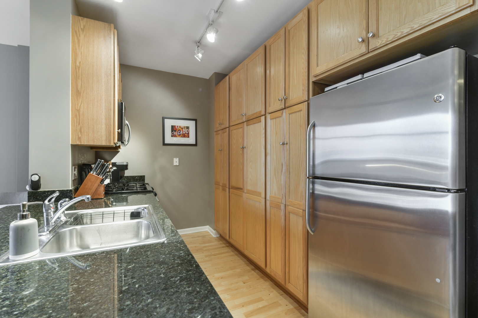1255 South State Street, Unit 807 Chicago, IL 60605 - Photo 6 of 13 a kitchen with granite countertop a refrigerator and a sink
