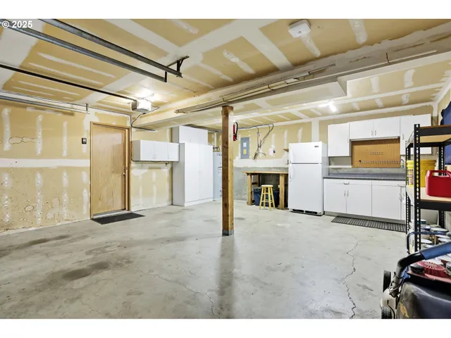 a view of a garage with storage