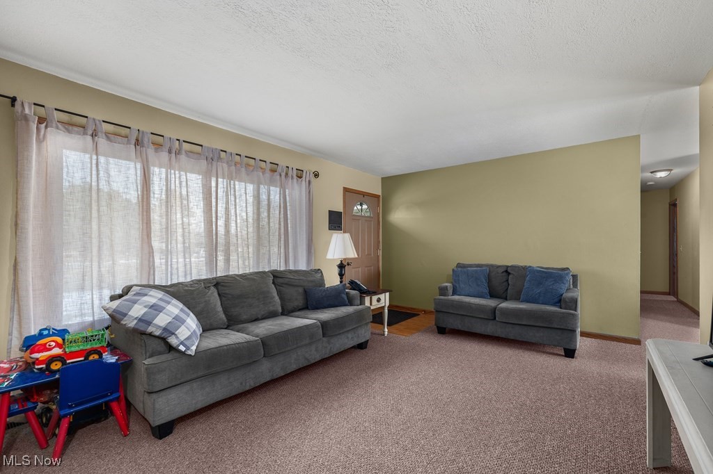 8238 Ruff Road West Salem, OH 44287 - Photo 7 of 27 Living room featuring a textured ceiling, carpet floors, and baseboards