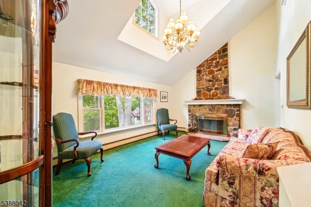 a living room with furniture a chandelier and a fireplace