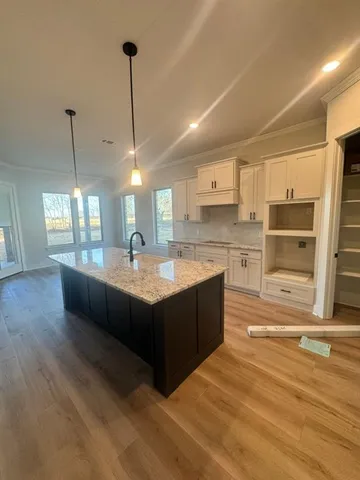 a large kitchen with stainless steel appliances kitchen island granite countertop a sink counter space and cabinets