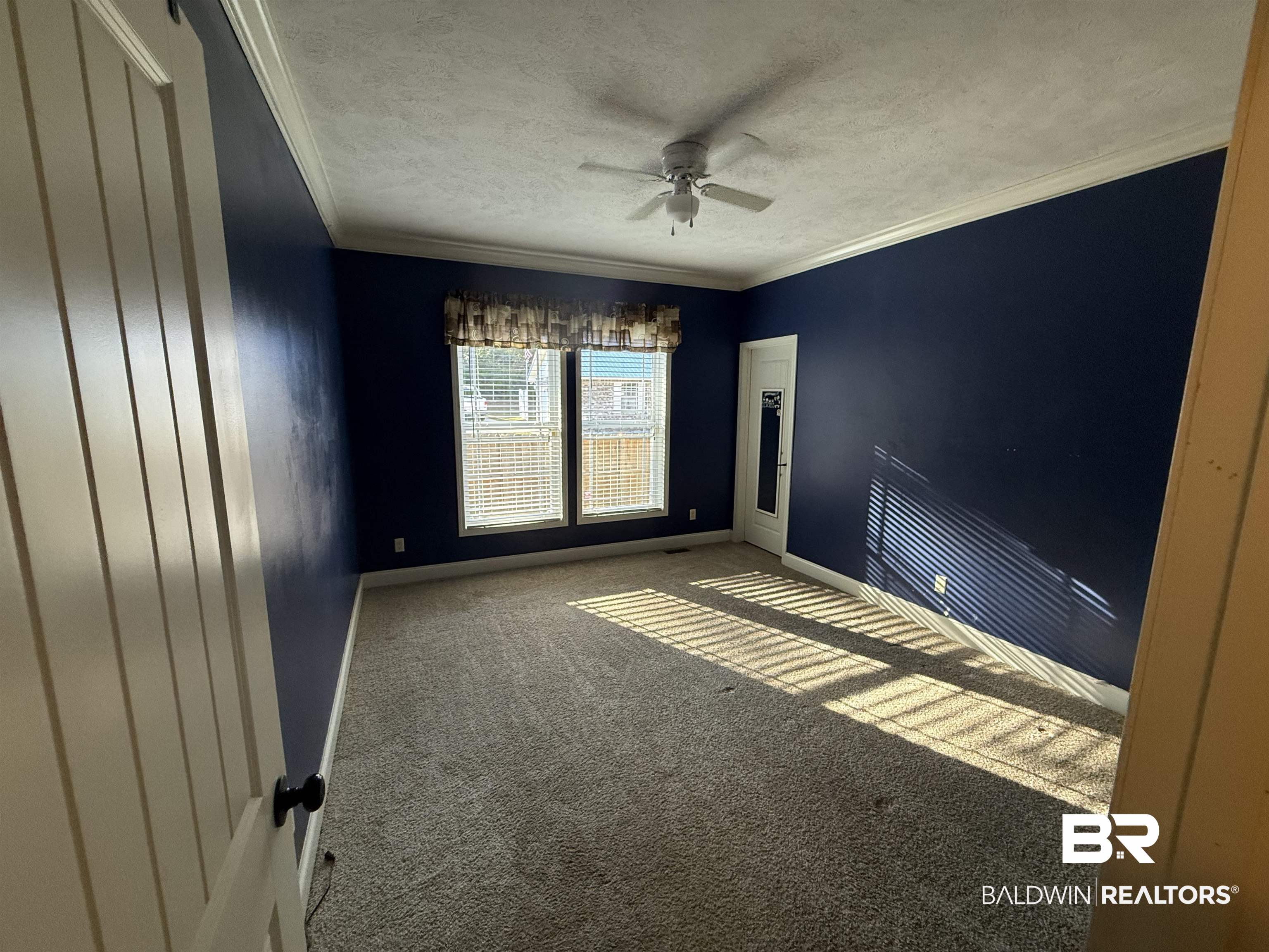 1274 Caney Loop Lillian, AL 36549 - Photo 13 of 19 Unfurnished room with carpet, ceiling fan, ornamental molding, and a textured ceiling