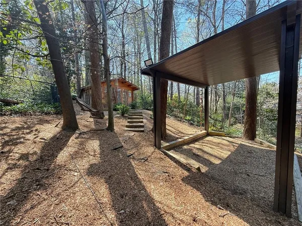 a view of a backyard with large tree