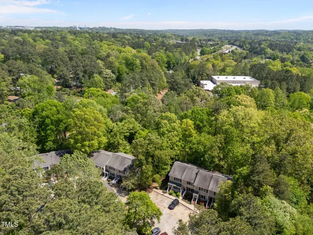 a view of a city with lush green forest