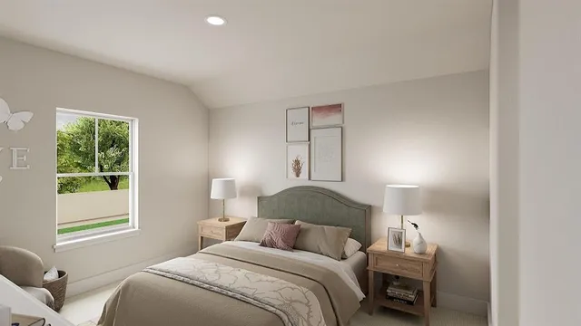 a bedroom with a bed and a window