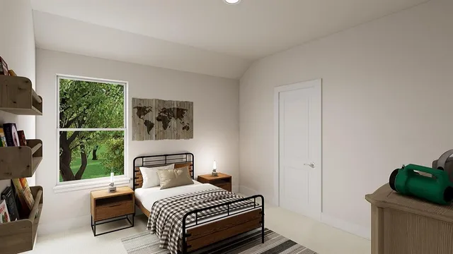 a bedroom with a bed and a window