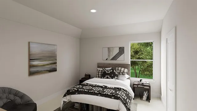 a bedroom with a bed and window