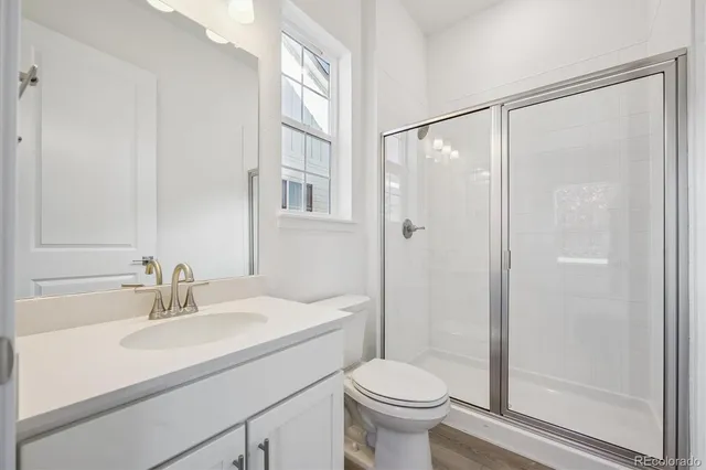 a bathroom with a sink a mirror a toilet and shower