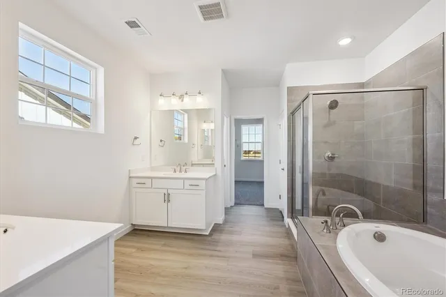 a bathroom with a tub sink shower and mirror
