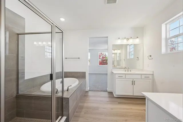 a bathroom with a tub sink shower and mirror