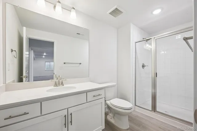 a bathroom with a sink a toilet a shower and a mirror