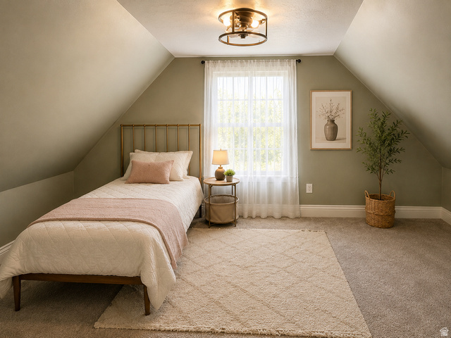 137 West 200 S Street Fairview, UT 84629 - Photo 7 of 34 Carpeted room with sloped ceilings and a window featuring sheer white curtains