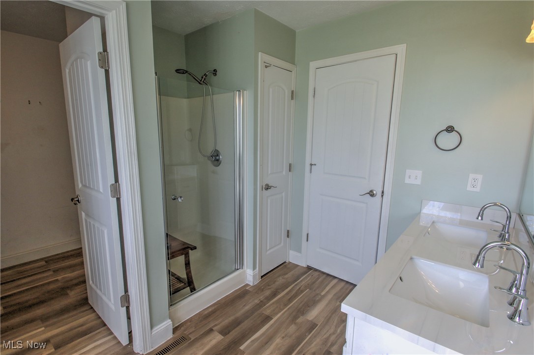 4998 Wayne Road Mantua, OH 44255 - Photo 24 of 43 Master Bathroom featuring wood-type flooring, a shower with door, and vanity and walk in closet