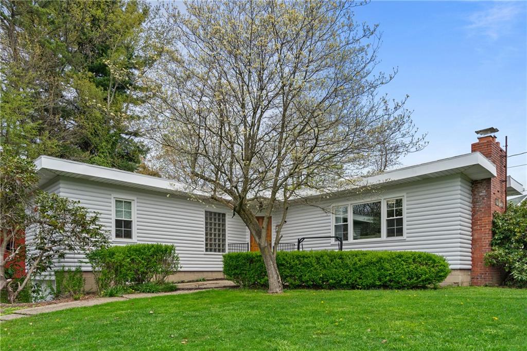 a front view of house with yard and green space