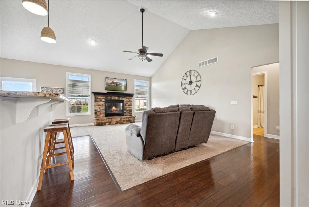 405 East Luchsinger Road Port Clinton, OH 43452 - Photo 10 of 40 Living room with ceiling fan, a stone fireplace, dark wood-type flooring, and high vaulted ceiling