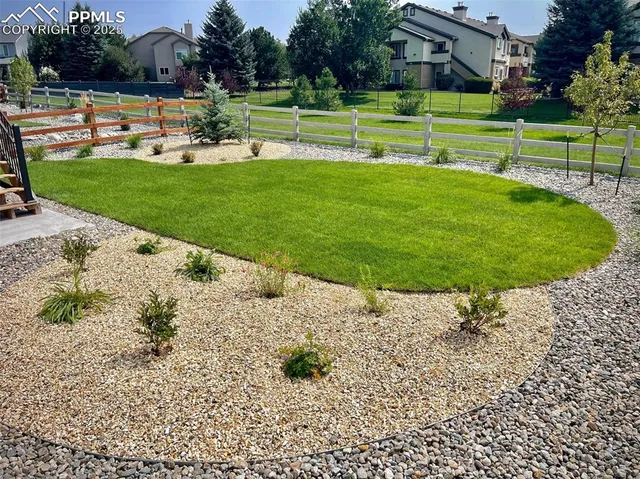 a view of a park with large trees