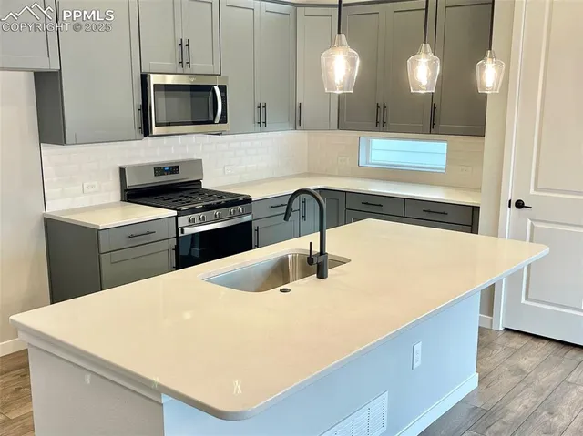 a kitchen with stainless steel appliances a sink a stove top oven a counter space and cabinets