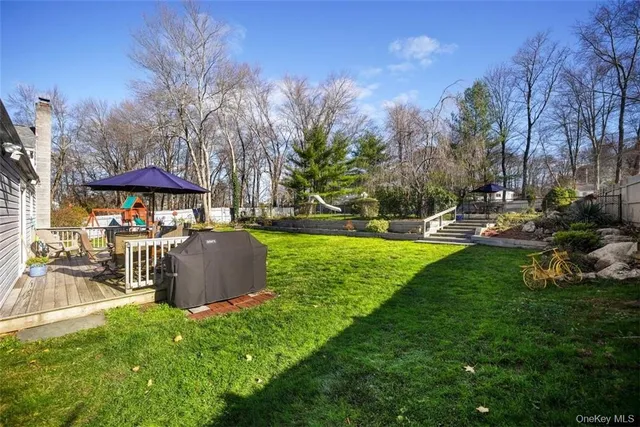 a view of a park with large trees