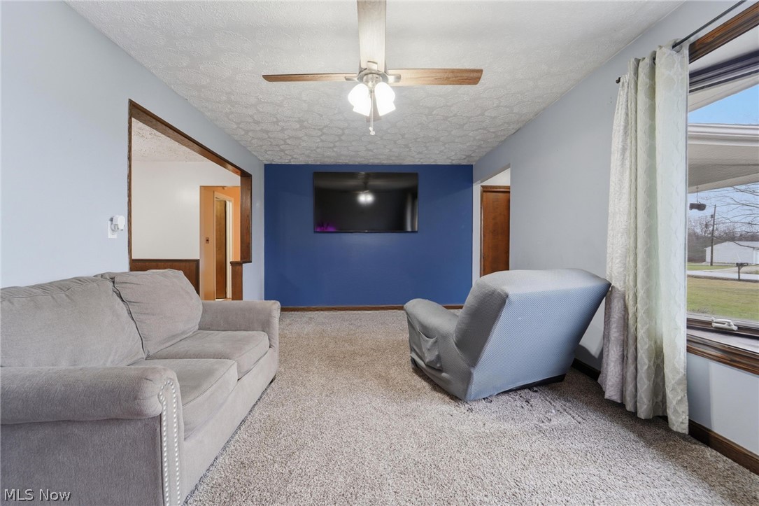 14557 Ellsworth Road Berlin Center, OH 44401 - Photo 9 of 23 Carpeted living area featuring a textured ceiling and a ceiling fan