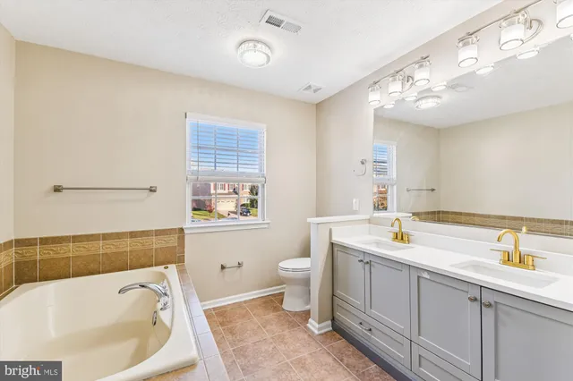 a bathroom with a tub sink toilet and mirror