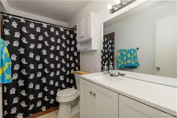 a bathroom with a sink toilet and mirror
