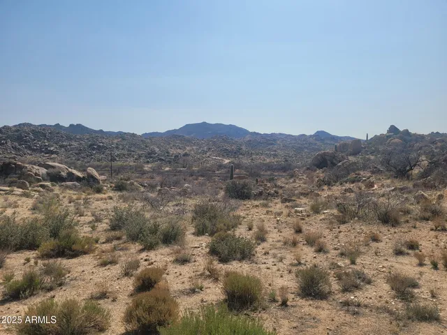 a view of a mountain in the distance in a field