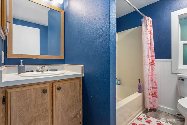 a bathroom with a sink toilet vanity and bathtub