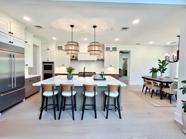 a kitchen with kitchen island a sink counter top space a stove and a refrigerator