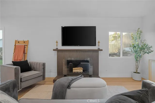 a living room with furniture a potted plant and a fireplace