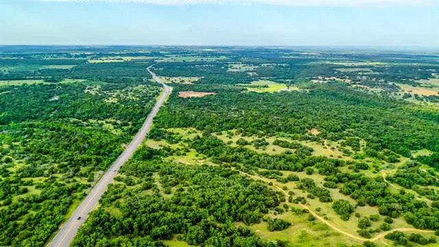 a view of a city with lush green forest