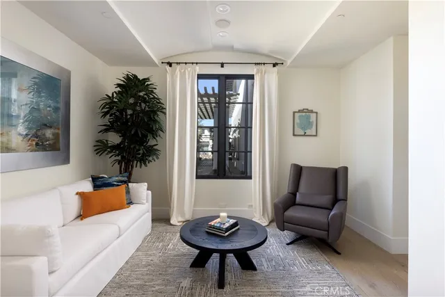 a living room with furniture and a potted plant