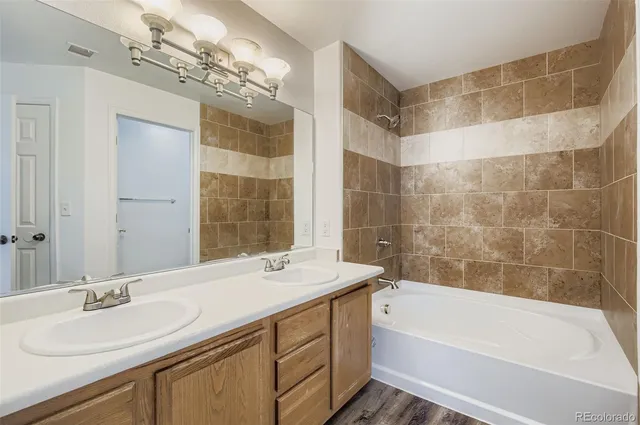 a bathroom with a tub sink and mirror
