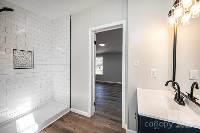 a bathroom with a sink and a mirror