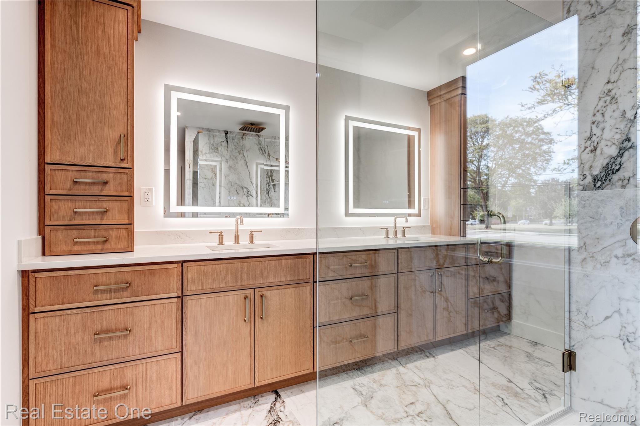 786 South Cranbrook Road Bloomfield Hills, MI 48301 - Photo 15 of 38 Bathroom with light marble finish flooring, double vanity, a marble finish shower, and recessed lighting