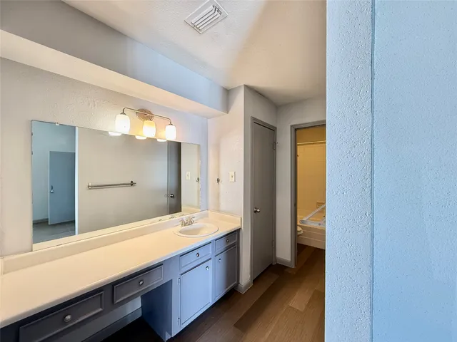 a bathroom with a sink and a large mirror