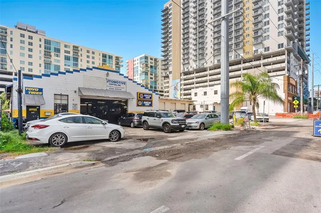 a city view with tall buildings