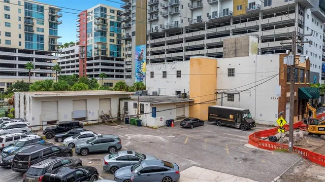 a city view with tall buildings