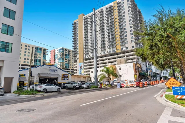 a view of a city with tall buildings