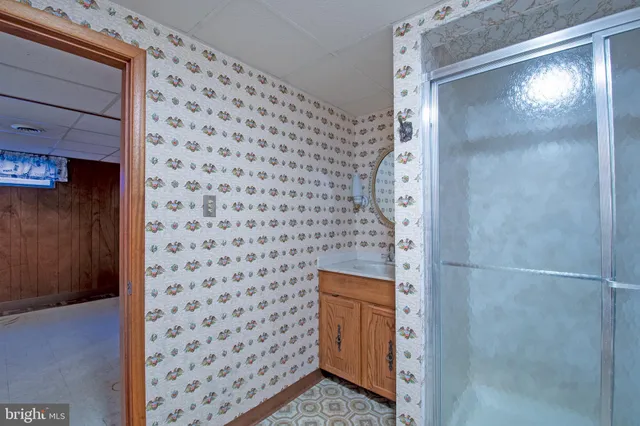 a view of a room with racks on the wall