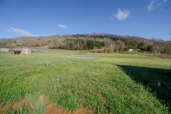 a garden view with a seating space