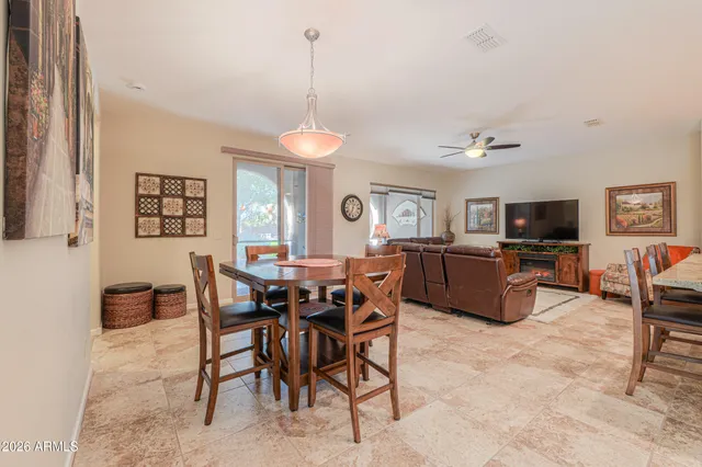 a view of a dining room with furniture