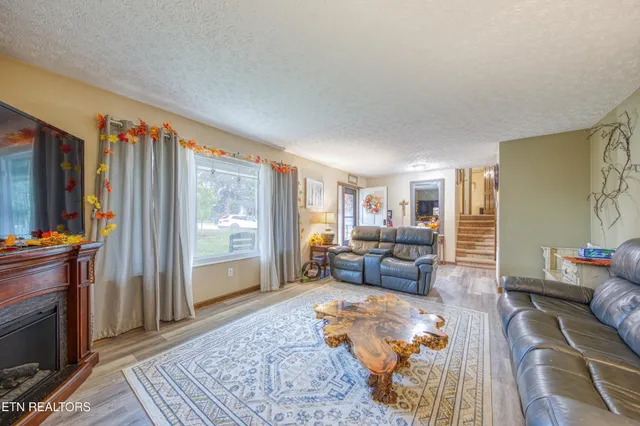 a living room with furniture and a fireplace