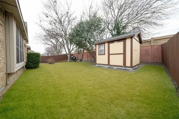 a view of a backyard with a large tree