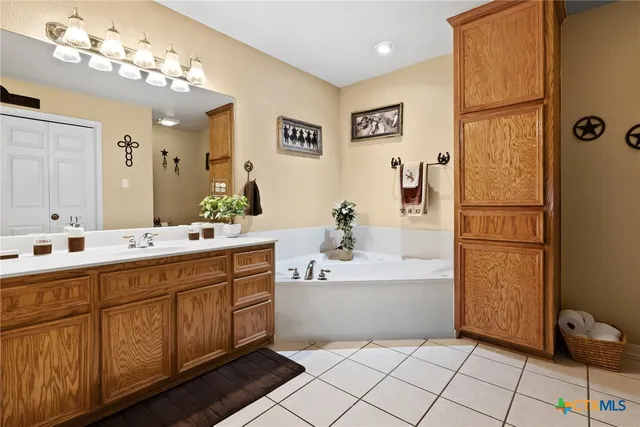 a bathroom with a double vanity sink a mirror and a bathtub