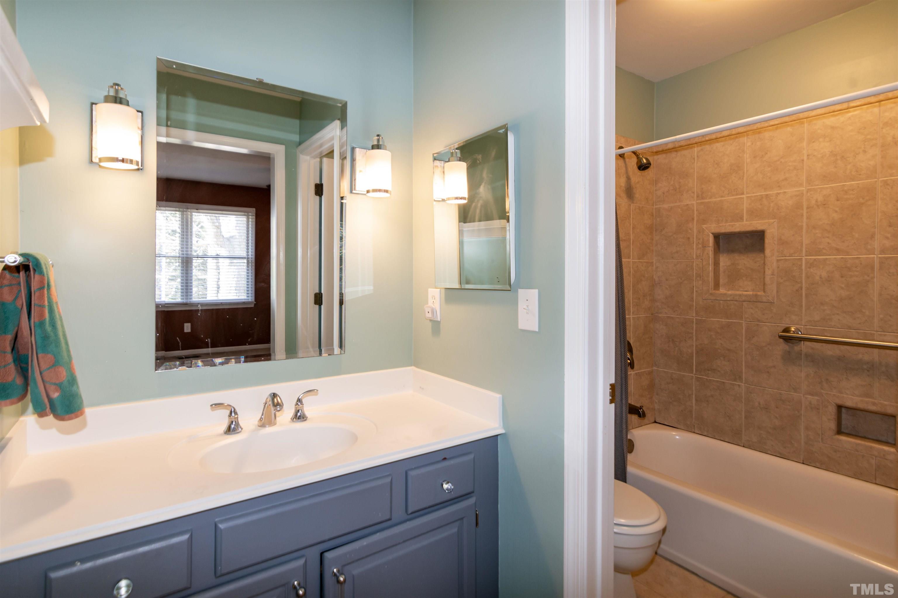 6722 Twin Tree Court Raleigh, NC 27613 - Photo 23 of 33 a bathroom with a sink a toilet and a large mirror