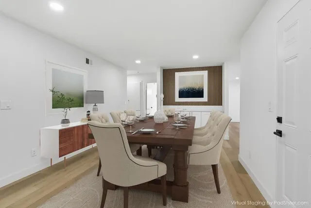 a view of a dining room with furniture