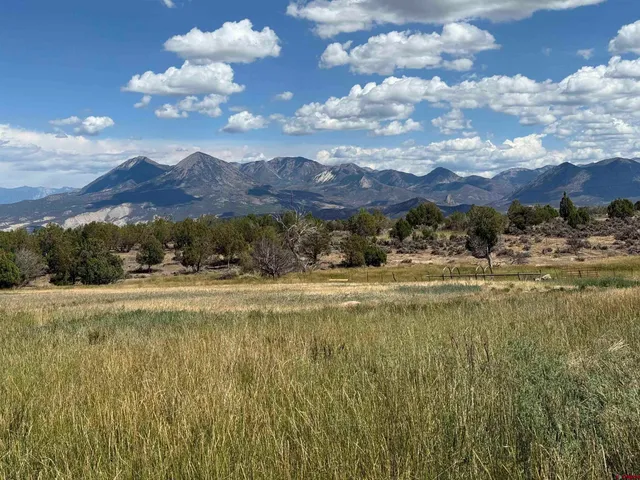 a view of grassy field with mountain in the background