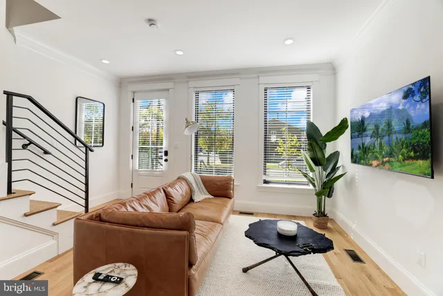 a living room with furniture and a potted plant